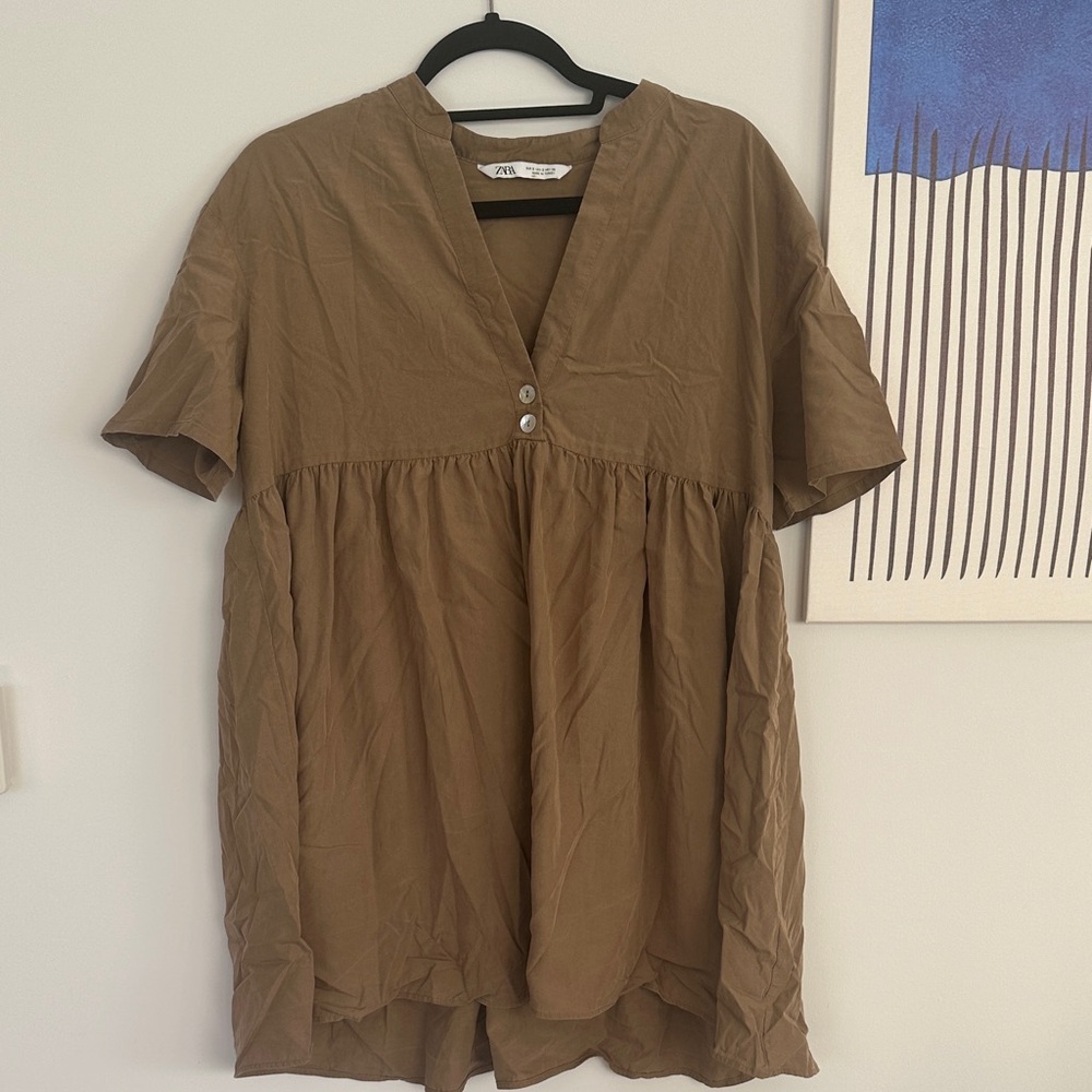 Zara Tan Button-Front Blouse (mini dress)